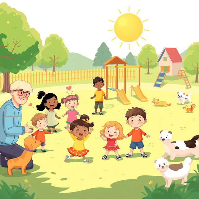 An illustration showcasing a diverse group of children happily playing in a safe park environment, with protective adult figures nearby, promoting a sense of security and care