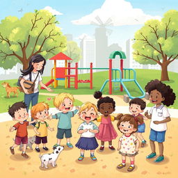 An illustration showcasing a diverse group of children happily playing in a safe park environment, with protective adult figures nearby, promoting a sense of security and care