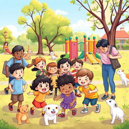 An illustration showcasing a diverse group of children happily playing in a safe park environment, with protective adult figures nearby, promoting a sense of security and care