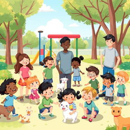 An illustration showcasing a diverse group of children happily playing in a safe park environment, with protective adult figures nearby, promoting a sense of security and care