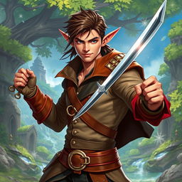A dashing male swashbuckling elf in the Pathfinder world, exuding charm and confidence