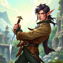 A dashing male swashbuckling elf in the Pathfinder world, exuding charm and confidence
