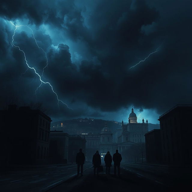 A dramatic and intense scene depicting a dark and stormy day, with ominous clouds swirling in the sky