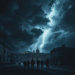 A dramatic and intense scene depicting a dark and stormy day, with ominous clouds swirling in the sky