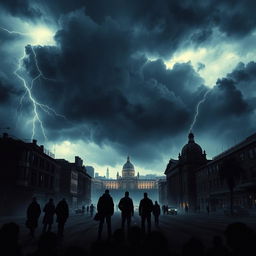 A dramatic and intense scene depicting a dark and stormy day, with ominous clouds swirling in the sky