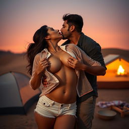 Sensual scene featuring a woman inspired by Nushrat Bharucha, wearing sexy shorts and bold red lipstick