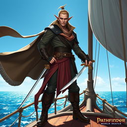 A charismatic male swashbuckling elf standing confidently on the deck of a ship in the Pathfinder world, exuding an air of adventure and charm