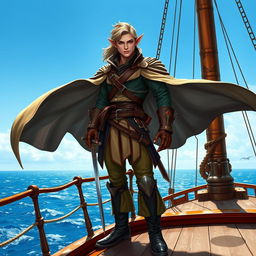A charismatic male swashbuckling elf standing confidently on the deck of a ship in the Pathfinder world, exuding an air of adventure and charm