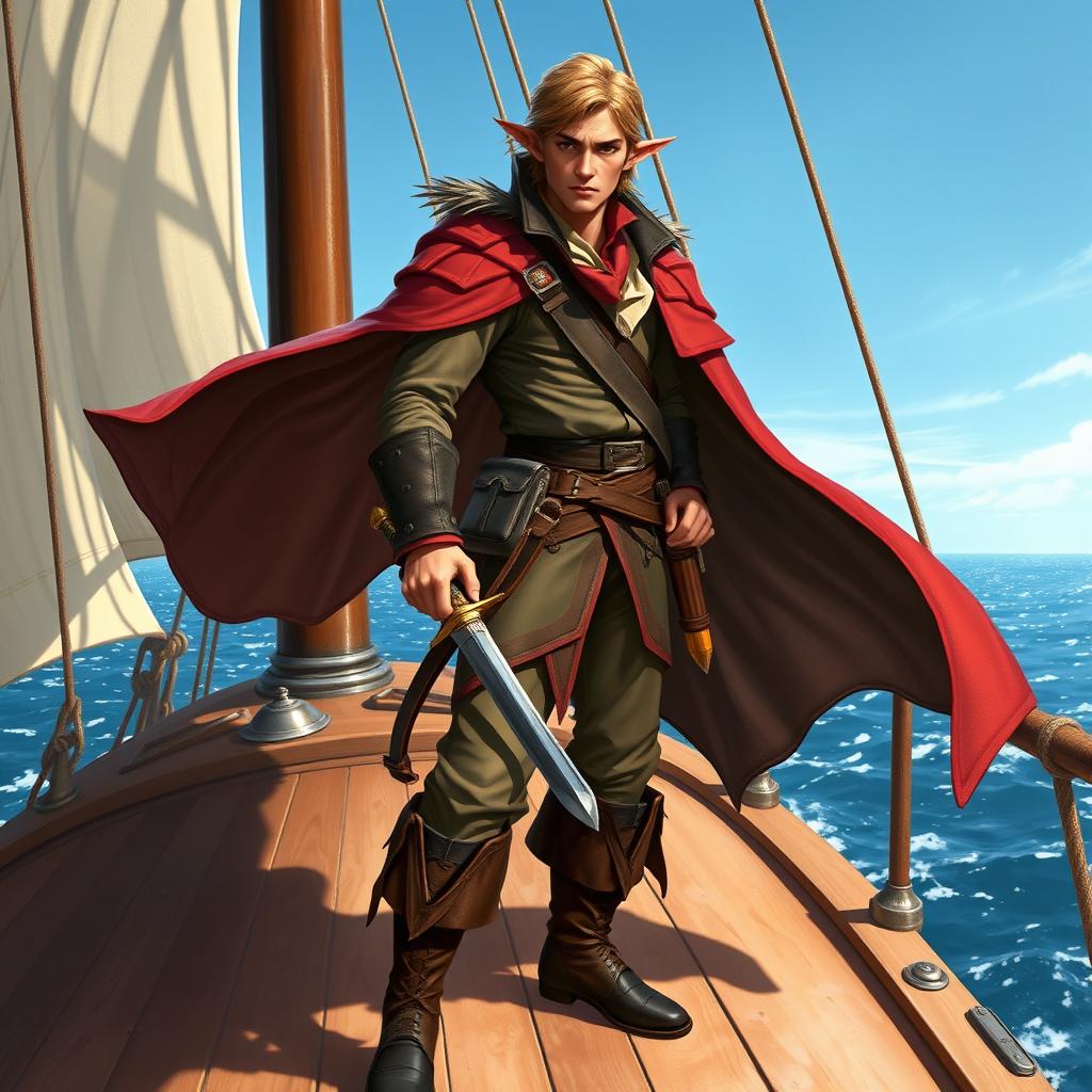 A charismatic male swashbuckling elf standing confidently on the deck of a ship in the Pathfinder world, exuding an air of adventure and charm