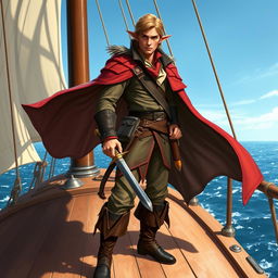 A charismatic male swashbuckling elf standing confidently on the deck of a ship in the Pathfinder world, exuding an air of adventure and charm