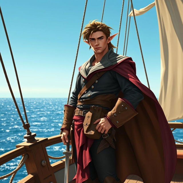 A charismatic male swashbuckling elf standing confidently on the deck of a ship in the Pathfinder world, exuding an air of adventure and charm