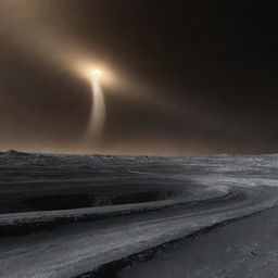 Imagine a hypothetical tornado on Pluto: an icy twister rising from its stark, frozen landscape against the backdrop of the distant Sun