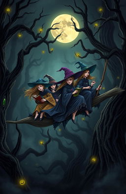 Seven witches with flowing robes and colorful hats, riding on an oversized, enchanted broomstick, soaring through a shadowy, mystical forest with gnarled trees, glowing orbs of light, and a full moon illuminating the scene