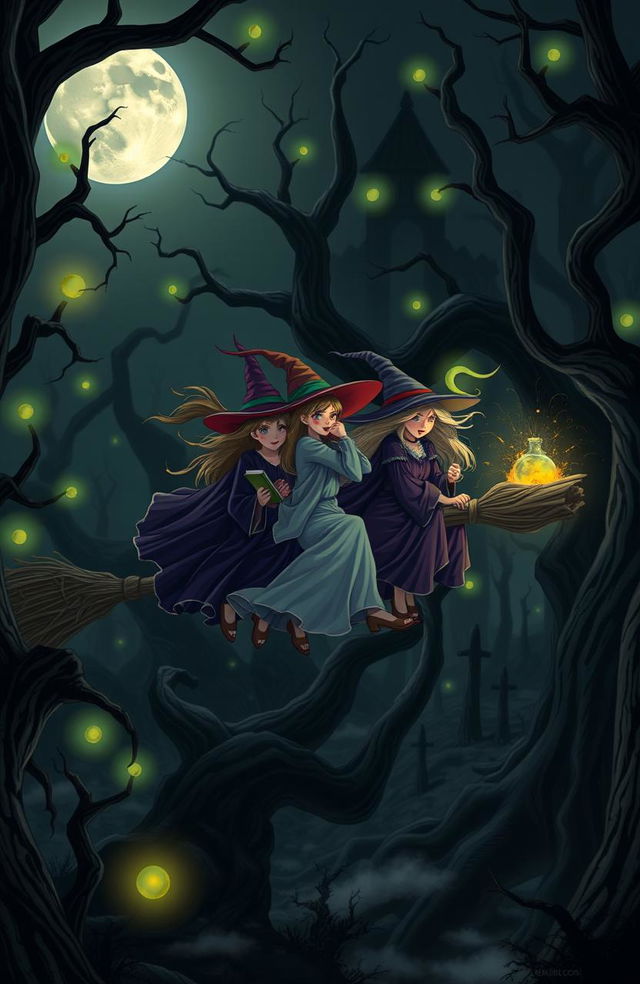 Seven witches with flowing robes and colorful hats, riding on an oversized, enchanted broomstick, soaring through a shadowy, mystical forest with gnarled trees, glowing orbs of light, and a full moon illuminating the scene