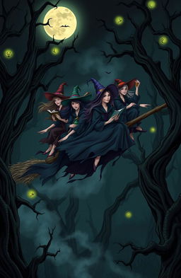 Seven witches with flowing robes and colorful hats, riding on an oversized, enchanted broomstick, soaring through a shadowy, mystical forest with gnarled trees, glowing orbs of light, and a full moon illuminating the scene