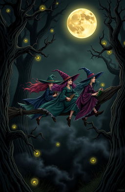 Seven witches with flowing robes and colorful hats, riding on an oversized, enchanted broomstick, soaring through a shadowy, mystical forest with gnarled trees, glowing orbs of light, and a full moon illuminating the scene