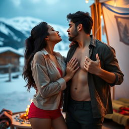 Sensual scene featuring a woman inspired by Nushrat Bharucha, wearing sexy shorts and vibrant red lipstick