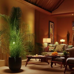 A beautifully designed room with tasteful furnishings, warm lighting, and vibrant indoor plants