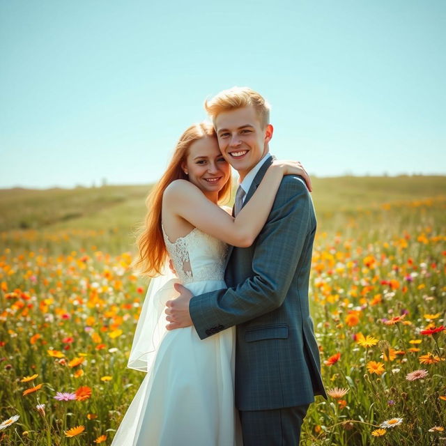 A 20-year-old pale red-haired girl wearing an elegant wedding dress, gently hugging a sandy blonde young man in a stylish suit