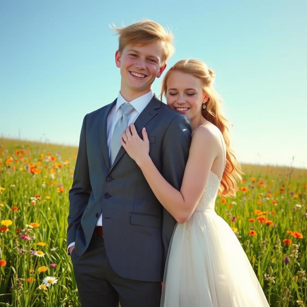 A 20-year-old pale red-haired girl wearing an elegant wedding dress, gently hugging a sandy blonde young man in a stylish suit