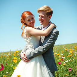 A 20-year-old pale red-haired girl wearing an elegant wedding dress, gently hugging a sandy blonde young man in a stylish suit