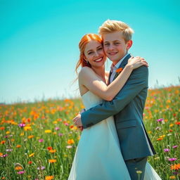 A 20-year-old pale red-haired girl wearing an elegant wedding dress, gently hugging a sandy blonde young man in a stylish suit