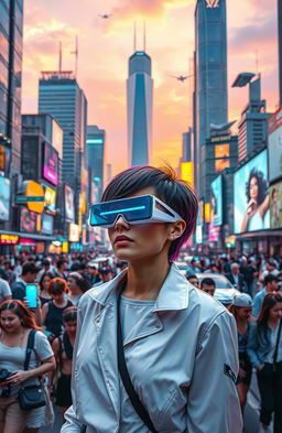 A futuristic urban landscape featuring a vibrant city with neon lights, towering skyscrapers, and flying cars