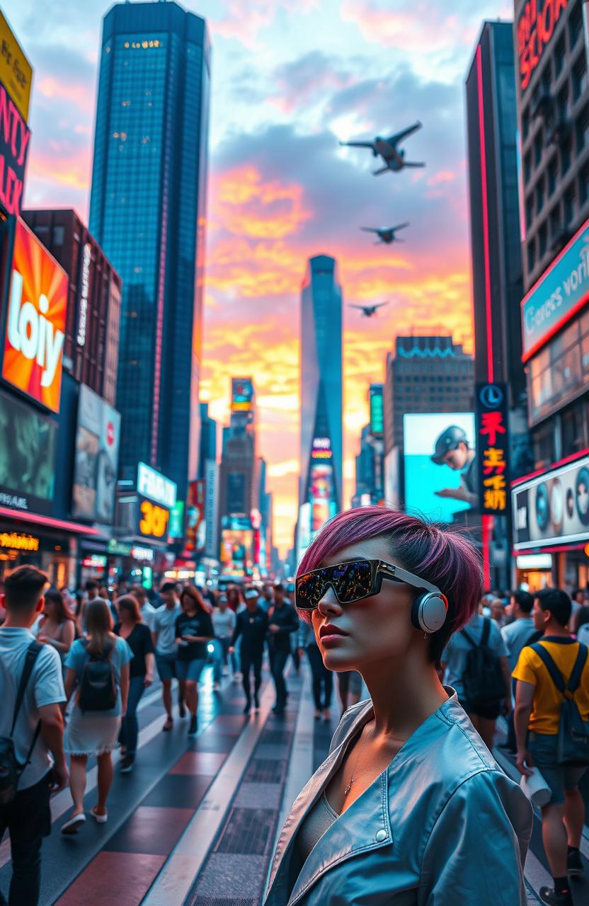 A futuristic urban landscape featuring a vibrant city with neon lights, towering skyscrapers, and flying cars