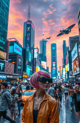 A futuristic urban landscape featuring a vibrant city with neon lights, towering skyscrapers, and flying cars