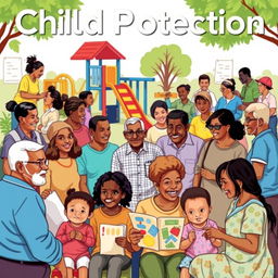 A vibrant community scene focused on child protection, showcasing a diverse group of adults engaging in various activities to support children's safety and well-being