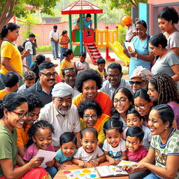 A vibrant community scene focused on child protection, showcasing a diverse group of adults engaging in various activities to support children's safety and well-being