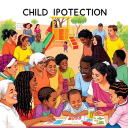 A vibrant community scene focused on child protection, showcasing a diverse group of adults engaging in various activities to support children's safety and well-being