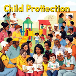 A vibrant community scene focused on child protection, showcasing a diverse group of adults engaging in various activities to support children's safety and well-being