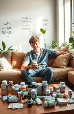 An artistic representation of self-medication practices, featuring a modern, cozy home setting