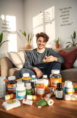 An artistic representation of self-medication practices, featuring a modern, cozy home setting