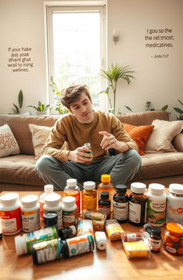 An artistic representation of self-medication practices, featuring a modern, cozy home setting
