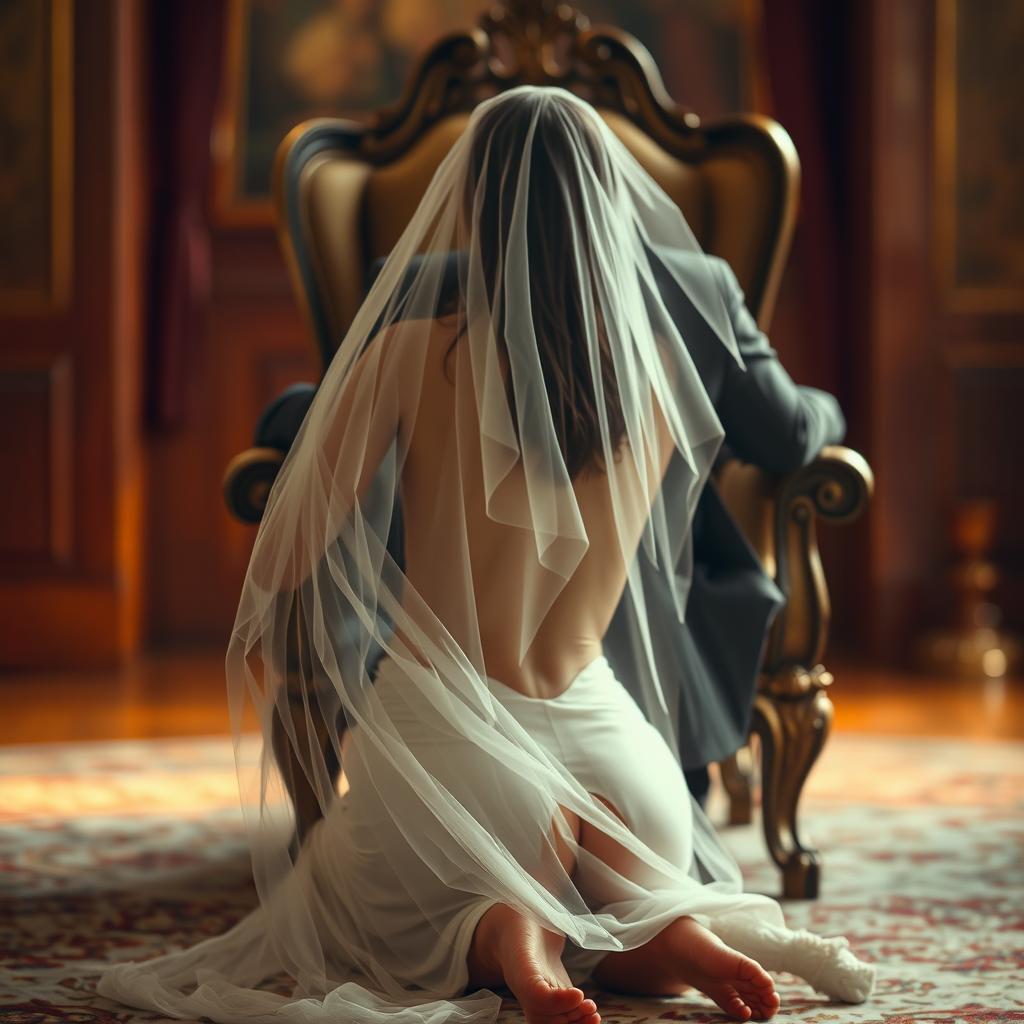 A woman in an elegant, flowing veil kneels in front of a man seated on an ornate chair, her face serene and demure