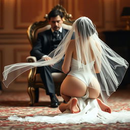 A woman in an elegant, flowing veil kneels in front of a man seated on an ornate chair, her face serene and demure