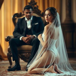 A woman in an elegant, flowing veil kneels in front of a man seated on an ornate chair, her face serene and demure