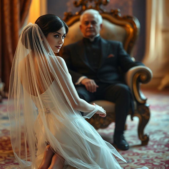 A woman in an elegant, flowing veil kneels in front of a man seated on an ornate chair, her face serene and demure