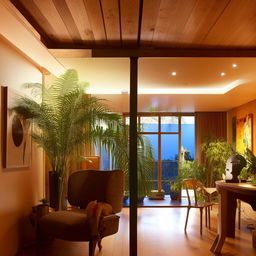 A beautifully designed room with tasteful furnishings, warm lighting, and vibrant indoor plants