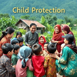 A vibrant Indonesian community centered around child protection, depicting a colorful scene where community leaders and parents actively engage in guiding children