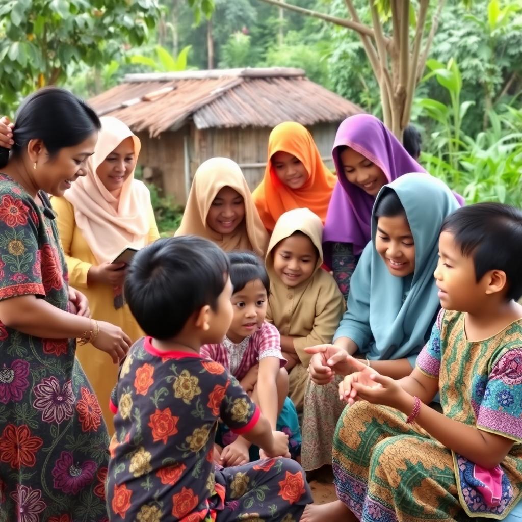 A vibrant Indonesian community centered around child protection, depicting a colorful scene where community leaders and parents actively engage in guiding children