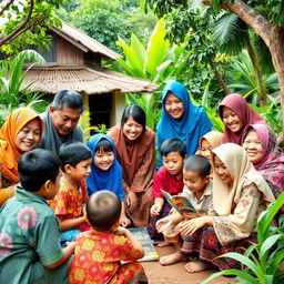 A vibrant Indonesian community centered around child protection, depicting a colorful scene where community leaders and parents actively engage in guiding children