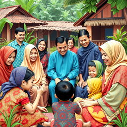 A vibrant Indonesian community centered around child protection, depicting a colorful scene where community leaders and parents actively engage in guiding children