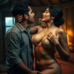 Sensual scene featuring a woman inspired by Nushrat Bharucha, clad in sexy lingerie and striking red lipstick