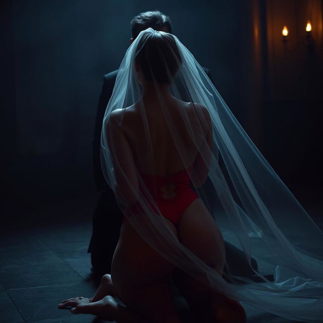 A dramatic and intriguing scene featuring a woman wearing an elegant veil, kneeling gracefully in front of a man whose face is obscured, creating an air of mystery