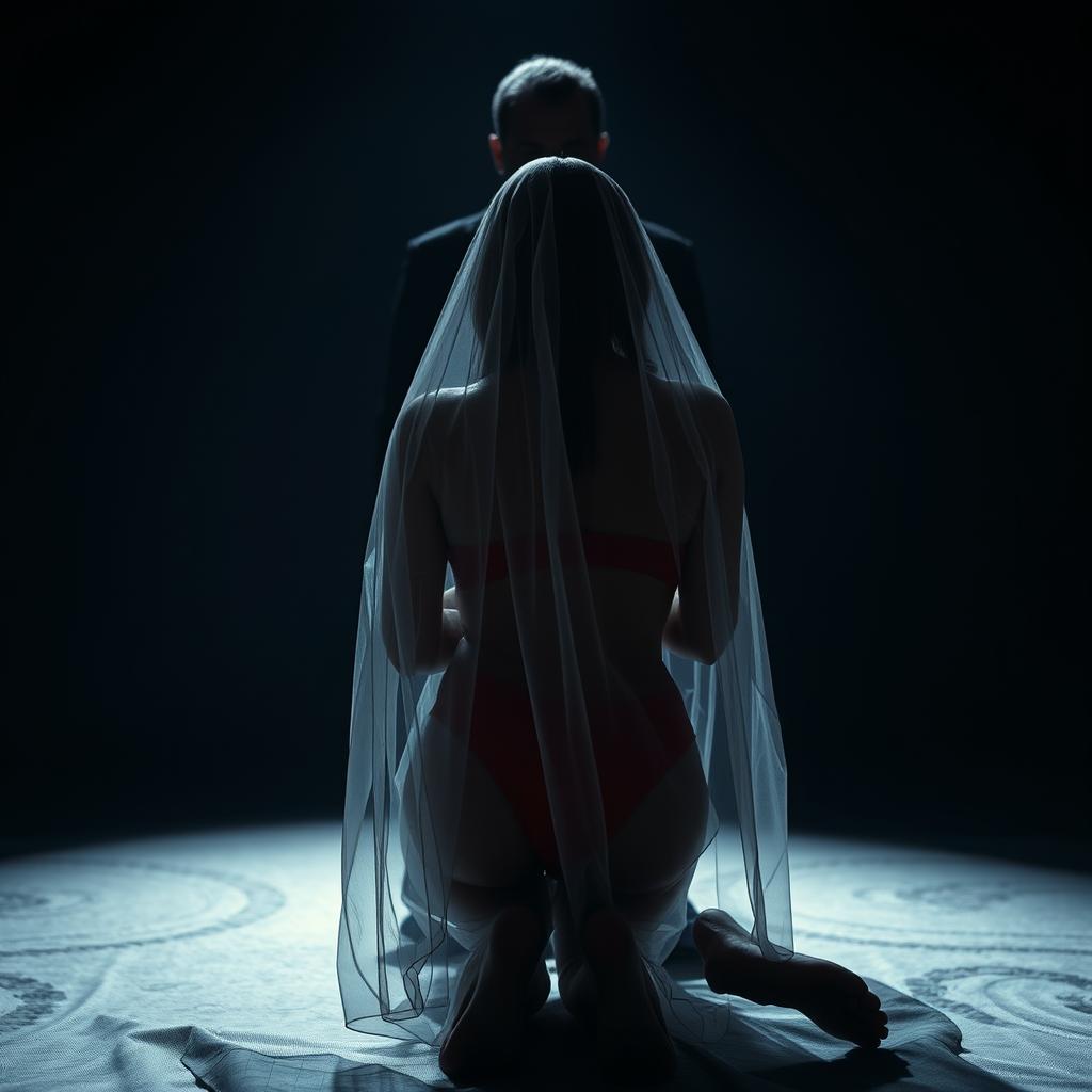 A dramatic and intriguing scene featuring a woman wearing an elegant veil, kneeling gracefully in front of a man whose face is obscured, creating an air of mystery