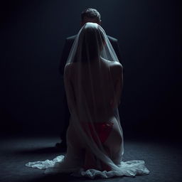 A dramatic and intriguing scene featuring a woman wearing an elegant veil, kneeling gracefully in front of a man whose face is obscured, creating an air of mystery