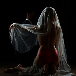 A dramatic and intriguing scene featuring a woman wearing an elegant veil, kneeling gracefully in front of a man whose face is obscured, creating an air of mystery
